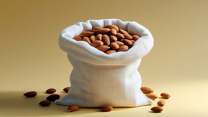 A close up of a sack full of almonds spilling onto a cream colored surface in a studio setting for a healthy snack