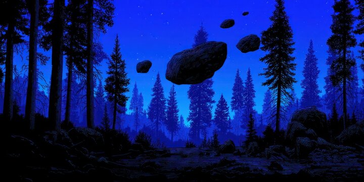 Electric blue forest glowing under moonlight with rocks levitating above - Powered by Adobe