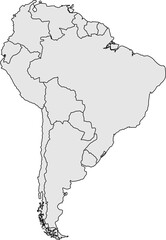 Obraz premium Clean, minimalist gray map of South America with distinct country borders. Ideal for modern educational content, data visualization, or professional presentations