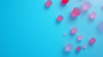 Scattered pastel pink and blue confetti dots on a vibrant turquoise background.