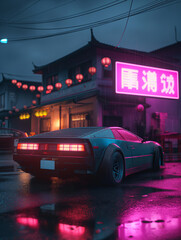 Fototapeta premium Cyberpunk style city with modern architecture and car