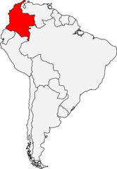 Map of South America highlighting Colombia. Ideal for geographic studies, travel guides, or projects about its diverse geography and rich culture