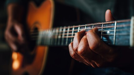 Fototapeta premium Hands Playing Acoustic Guitar Close-Up of Strings and Frets