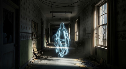 Spectral figure in a dilapidated hallway with broken windows and peeling paint on the walls