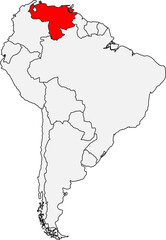 Map of South America highlighting Venezuela. Ideal for geographic studies, news projects, or content about regional politics and economics