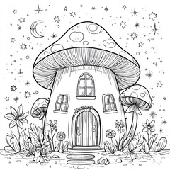 Cute mushroom house coloring page with stars and flowers