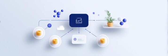 A modern digital illustration depicting data flow and connections, featuring graphs, plants, and abstract shapes against a light background.
