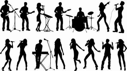 Obraz premium Silhouette illustrations of a musical band performing on stage with singers and instruments present | editable eps vectors