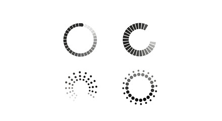 Four loading icons with unique designs, commonly used in digital interfaces to show ongoing processes or data loading. The icons include circles, segments, and dots.