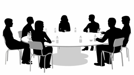 Silhouette illustration of people sitting around a round table with water bottles and small dishes, meeting | editable eps vectors