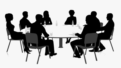 Silhouette illustration of people sitting around a round table with drinks and bottles on a white background | editable eps vectors
