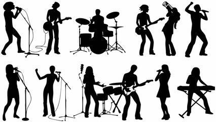 Silhouette illustration of a rock band performing on stage with various instruments and vocalists shown | editable eps vectors