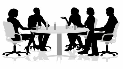 Silhouette of a group of people sitting around a table having a meeting or discussion together | editable eps vectors