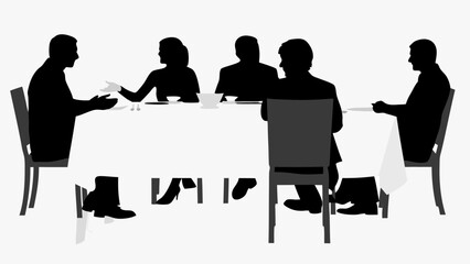 Silhouette illustration of five people sitting at a long table in a meeting or conference setting indoors | editable eps vectors