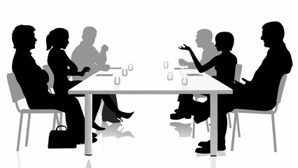 Silhouette illustration of a meeting with people sitting around a table with glasses and documents | editable eps vectors