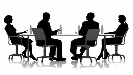 Silhouette of four people sitting at a table with drinks in a meeting or discussion setting indoors | editable eps vectors