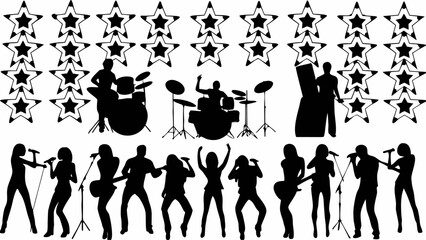 Silhouette of a band performing on stage with stars above them and a crowd of people cheering them on | editable eps vectors