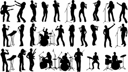 Silhouette illustrations of musicians playing instruments and singing on stage performing in a band setting | editable eps vectors