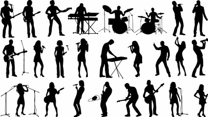 Silhouette illustration depicting a variety of musicians performing with instruments and singing on stage | editable eps vectors