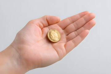 Close-up of a human hand holding a shiny golden coin on a light background, symbolizing wealth, investment, savings, and financial success.