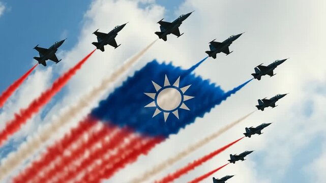 Military jets flying in formation with colored smoke creating Taiwan flag in the sky, symbolizing celebration of National Day of the Republic of China