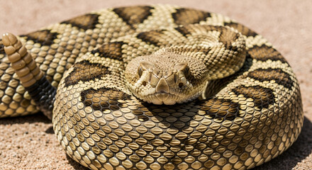 Obraz premium Rattlesnake coiled in defensive posture, venomous pit viper with rattle tail, dangerous desert reptile close-up isolated on White Background