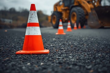 Traffic cones placed on an asphalt road surface to provide warning and safety during road construction and maintenance