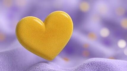 Fototapeta premium Textured golden heart rests on soft purple fabric with blurred bokeh lights