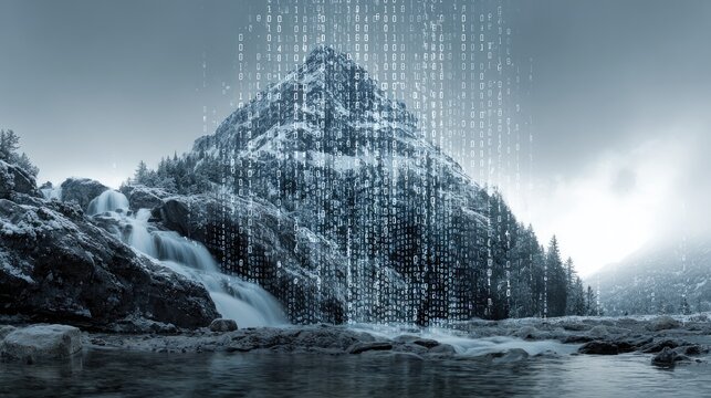 Snow-capped mountain with a waterfall made of streaming binary code, representing nature infused with data