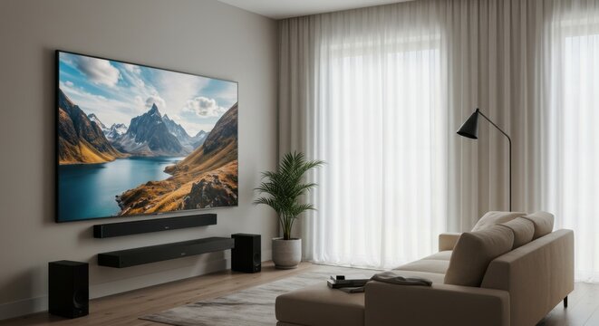 Spacious modern living room with large wall mounted television and comfortable sofa