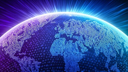 Blue and purple digital globe with abstract light streaks emanating from the top