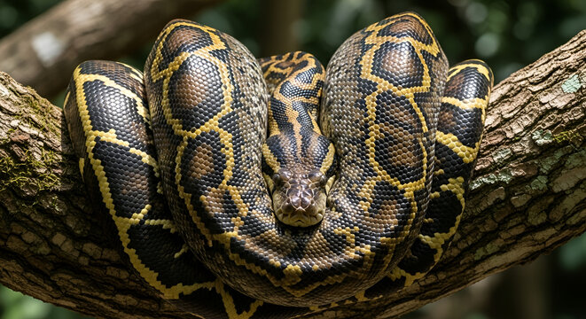 Burmese python coiled on a mossy tree branch, reticulated python resting in the jungle canopy, exotic yellow and brown patterned snake in the wild isolated on White Background