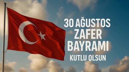 Turkish national flag waving against cloudy sky with text celebrating August 30 Victory Day, a national holiday in Turkey