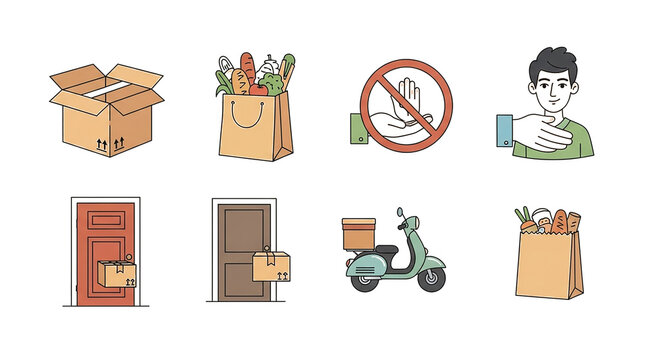 Delivery service icons showing contactless options with boxes bags and a scooter on a black background
