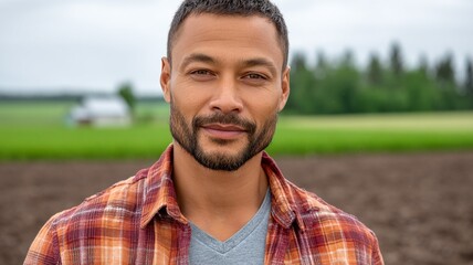 Portrait of a handsome man with a beard wearing a plaid shirt in a rural setting