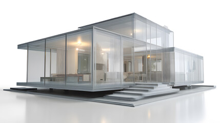 Transparent glass modern house isolated on white background, perfect for architecture and real estate concepts.