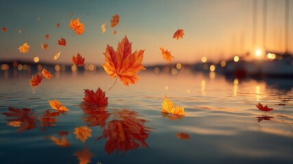 Autumn maple leaves floating and falling on calm water surface at sunset with boat silhouettes