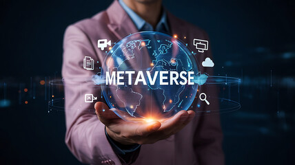 Businessman holding a glowing digital globe with the word metaverse surrounded by technology icons