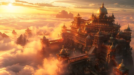 An ancient palace floats amidst golden clouds under a glowing warm sunset.