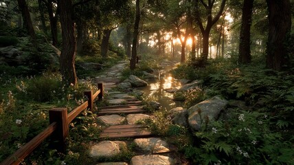 Stone pathway and wooden bridge beside a serene stream in a sunlit forest with lush greenery