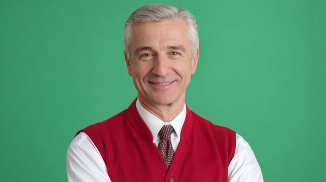 Smiling mature man in a red sweater vest presents a friendly demeanor against a solid green background. - Powered by Adobe