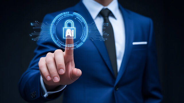 Businessman s finger touches glowing digital padlock with ai symbol representing cybersecurity and artificial intelligence