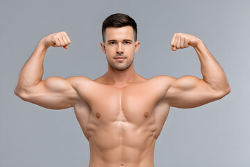 Muscular man flexing arms. Fitness, strength, and male health concept in sports modeling.