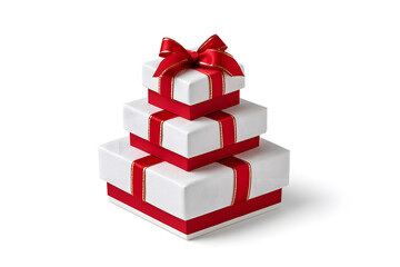 Stacked tiered gift boxes in red and white with festive bows. Ideal for holiday campaigns, Christmas visuals, or promotional gift packaging mockups.
