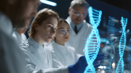 Team of scientists working with digital DNA interface. Futuristic concept of genetic research, biotech innovation and modern medicine.