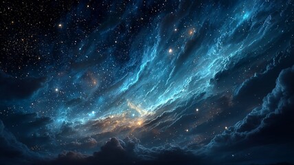 Vast celestial expanse with glowing nebulae stars and dark clouds Space