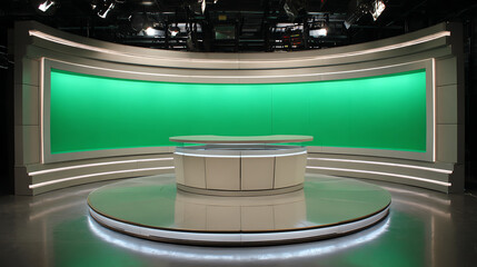 Modern broadcast studio with a green screen setup ideal for telecasts, video productions, and professional presentations.
