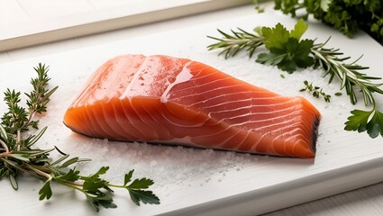 Vibrant salmon fillet resting on a white board, garnished with fresh herbs and sea salt crystals.

