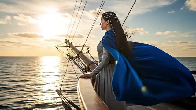 A fantasy queen or princess with a long blue cape on a tall ship sailing towards the sunset