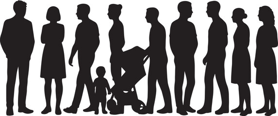 Diverse silhouettes of people and a stroller against a white background